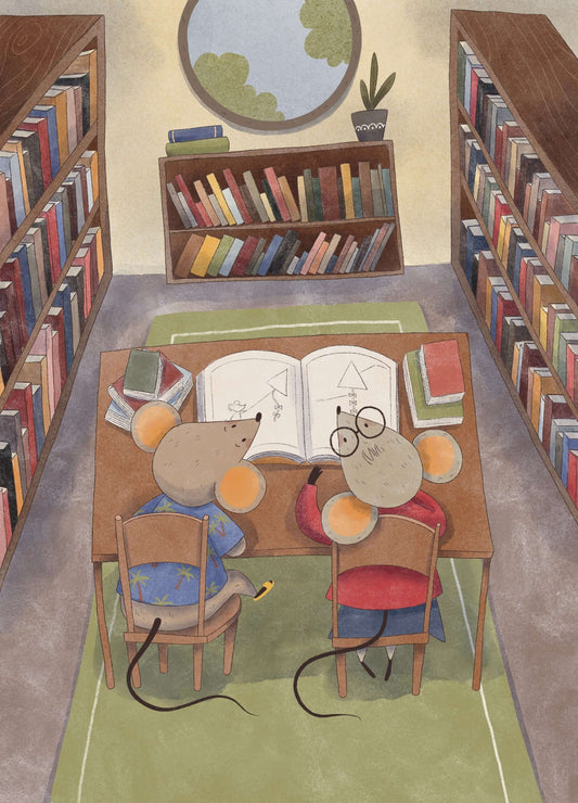 Mavis the mouse and Ron reading together in a library