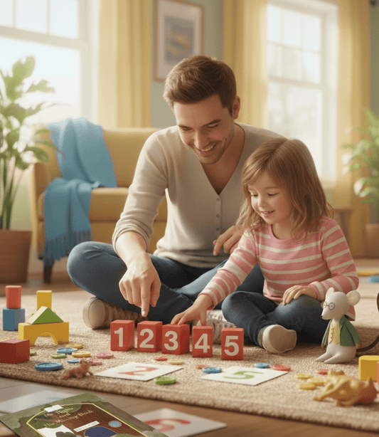 A father and his daughter building with colorful blocks on the floor, an example of fun, hidden learning at home