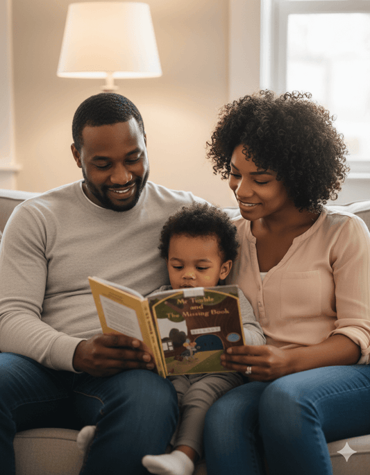 A happy family of three reading a book together on a couch, illustrating a ritual that builds a strong bond