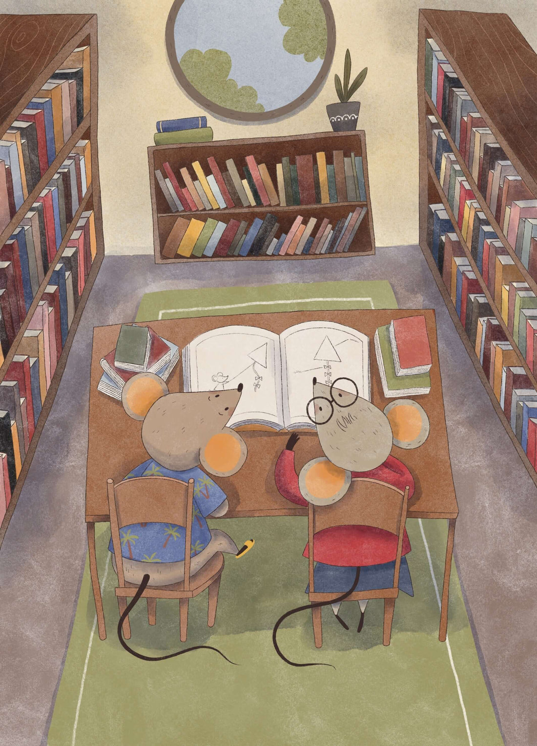 Mavis the mouse and Ron reading together in a library
