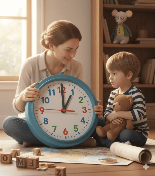 A father and daughter playing with a large, colorful clock, demonstrating a fun way to learn to tell time