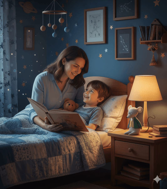 A mother and child snuggled under blankets, reading a bedtime story together