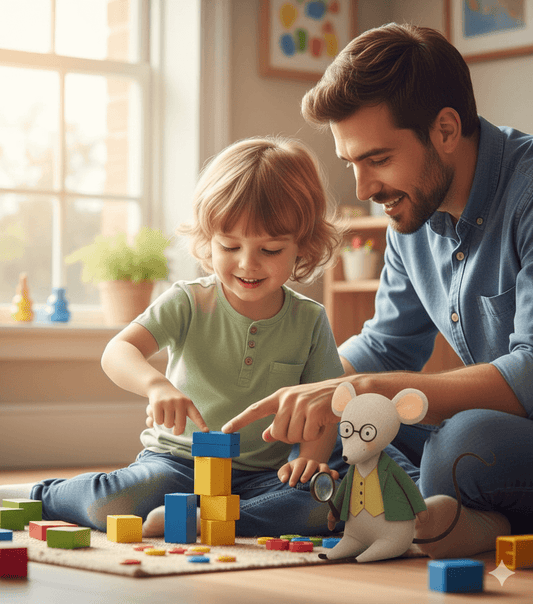 A mother and her child playing a counting game with socks on the floor