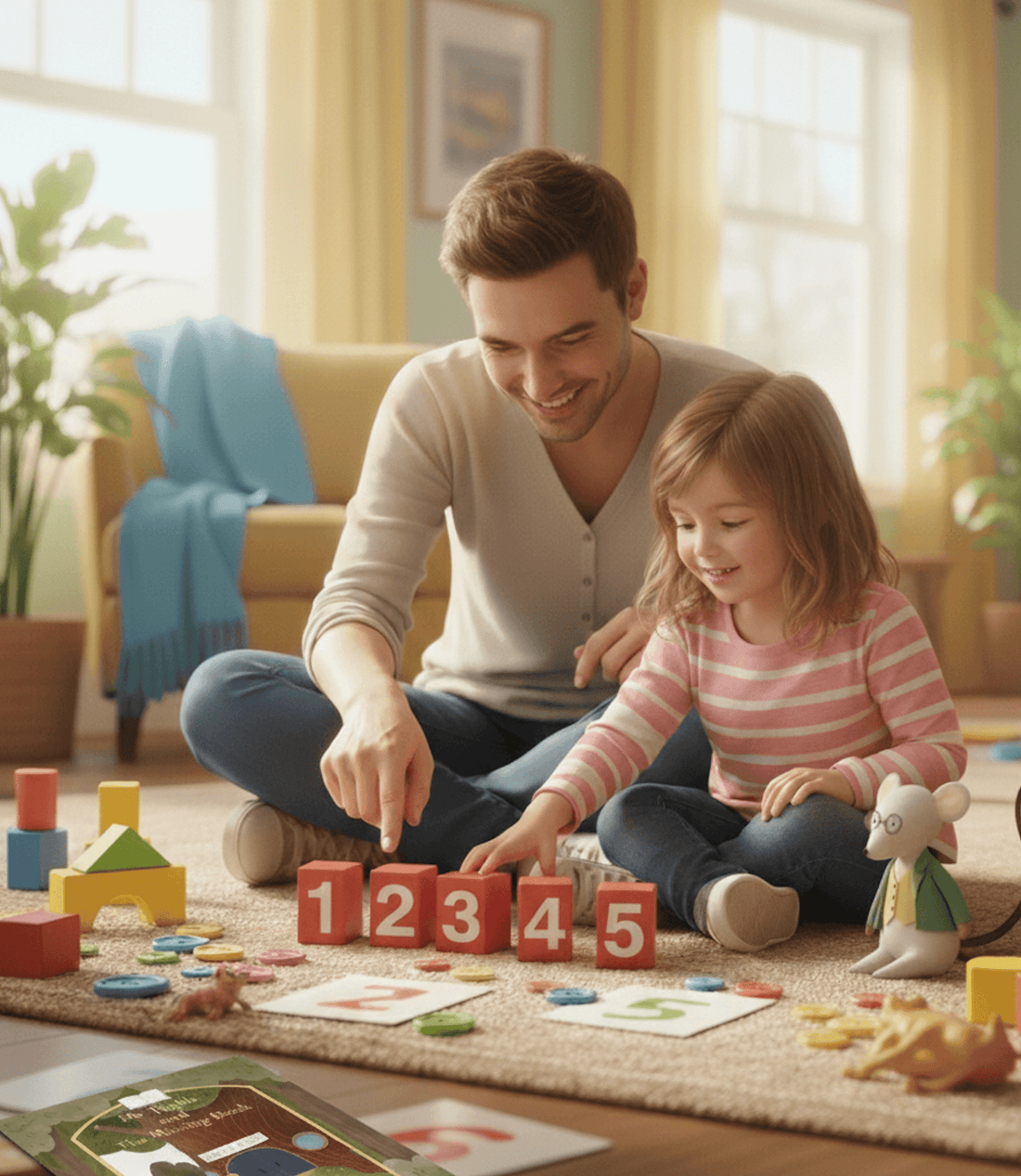 A father and his daughter building with colorful blocks on the floor, an example of fun, hidden learning at home