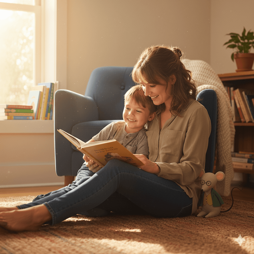 A mother and daughter snuggled on a couch, reading a book together during their 'golden time' routine.