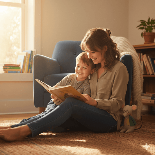 A mother and daughter snuggled on a couch, reading a book together during their 'golden time' routine.