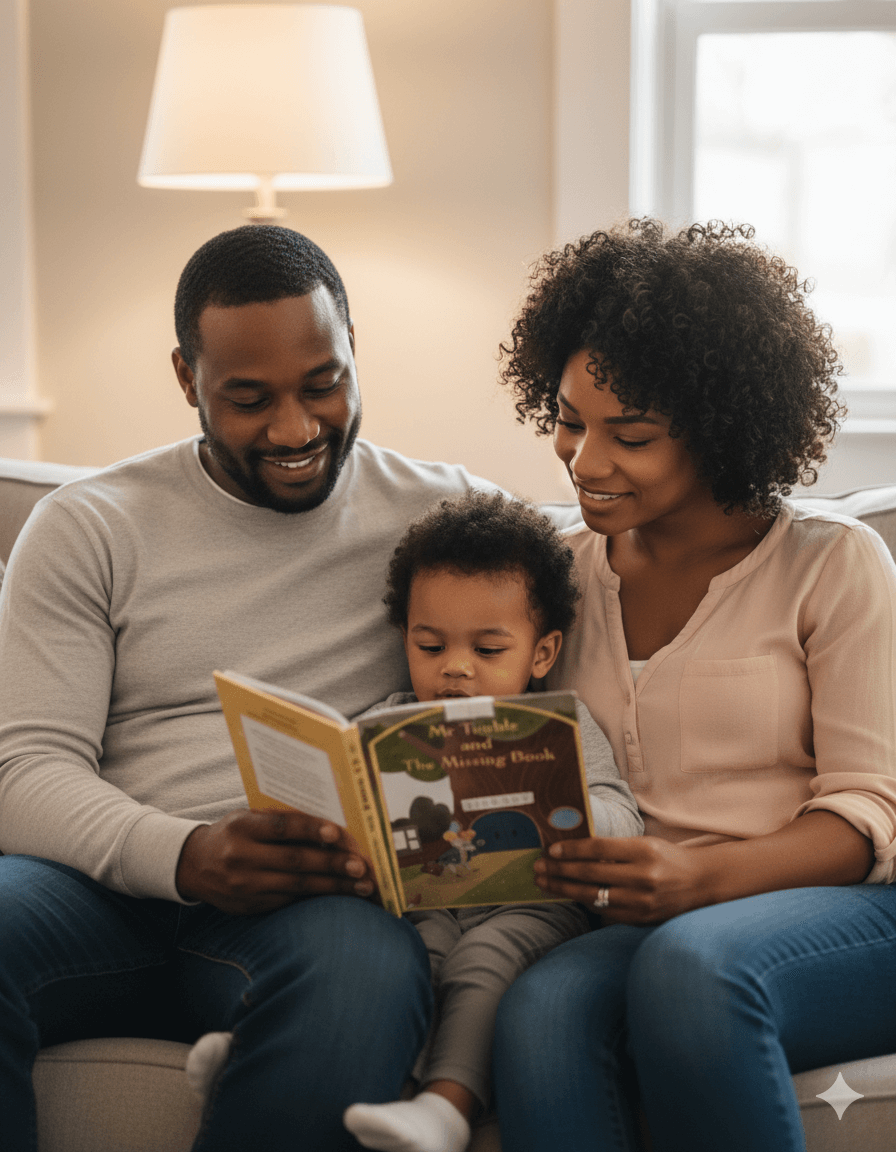 A happy family of three reading a book together on a couch, illustrating a ritual that builds a strong bond